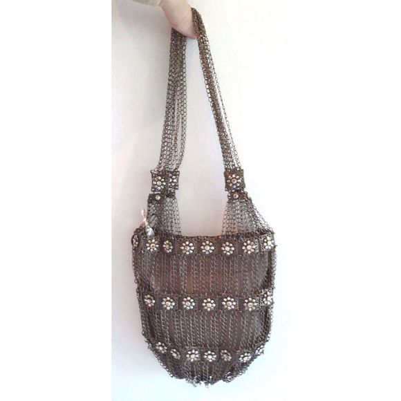 Kenny Ma Metal Mesh Swarovski Flower Beaded Handbag Bronze Bag Brown Purse NEW - Picture 1 of 9